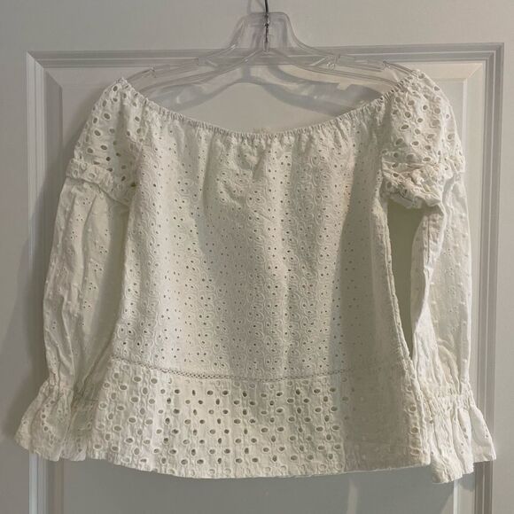 EUC Nicole Miller Atelier Off the Shoulder Eyelet Peasant Top White Sz. S - Picture 4 of 7